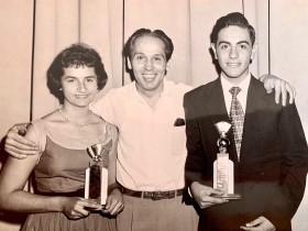 Rose-Marie Bruno and Lou Coppola, accordion champions, with their proud teacher Rudy Molinaro
