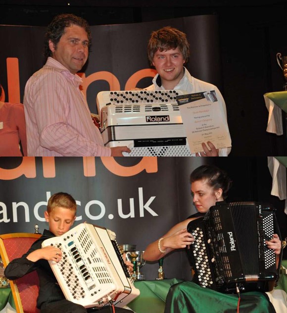 Dean Lawrence (Roland UK) presents accordion & certificate to Thom Hardaker. Lower photo: Alexander & Larysa Bodell festival duo.