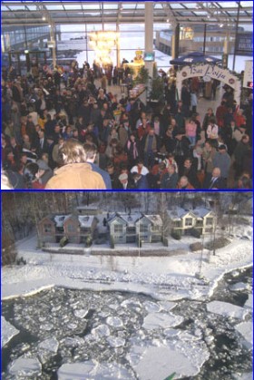 Top photo - crowds boarding the ship, Lower photo, the ship, passing close to the ice covered land and houses.