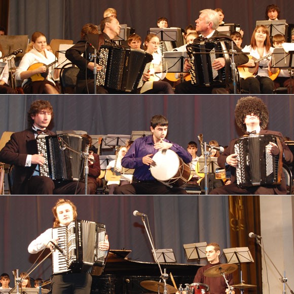 Top: Yuri Shishkin and Vladimir Skiba with the orchestra; Middle: Arkady Kazarjan (bajan), Artur kazarjan (bajan) Lower: Vitaly Khitushka