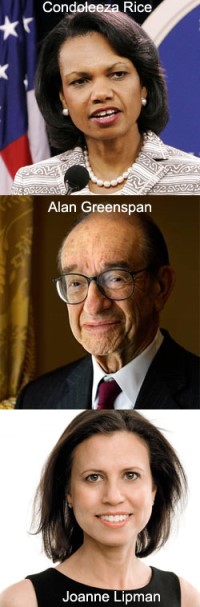Condoleeza Rice, Alan Greenspan, Joanne Lipman