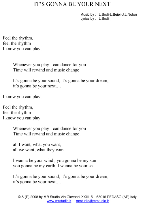 Text for song It's Gonna Be Your Next - linked to www.mrstudio.it