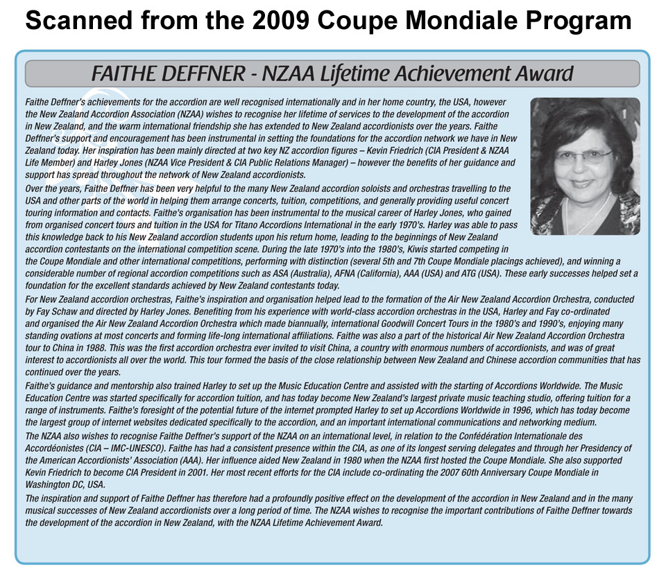 Faithe Deffner NZAA Lifetime Achievement Award