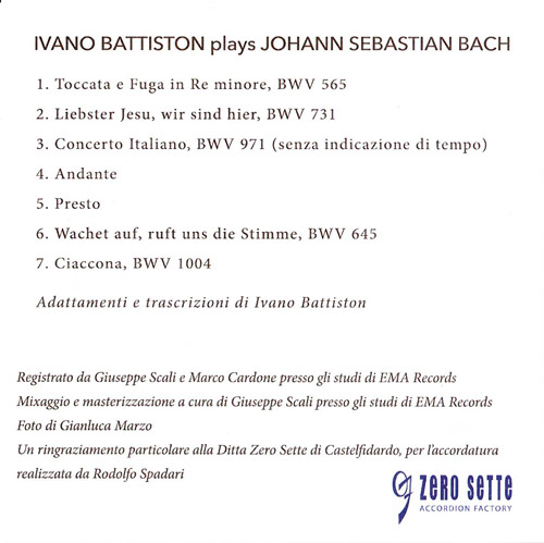CD rear: Ivano Battiston plays Johann Sebastian Bach