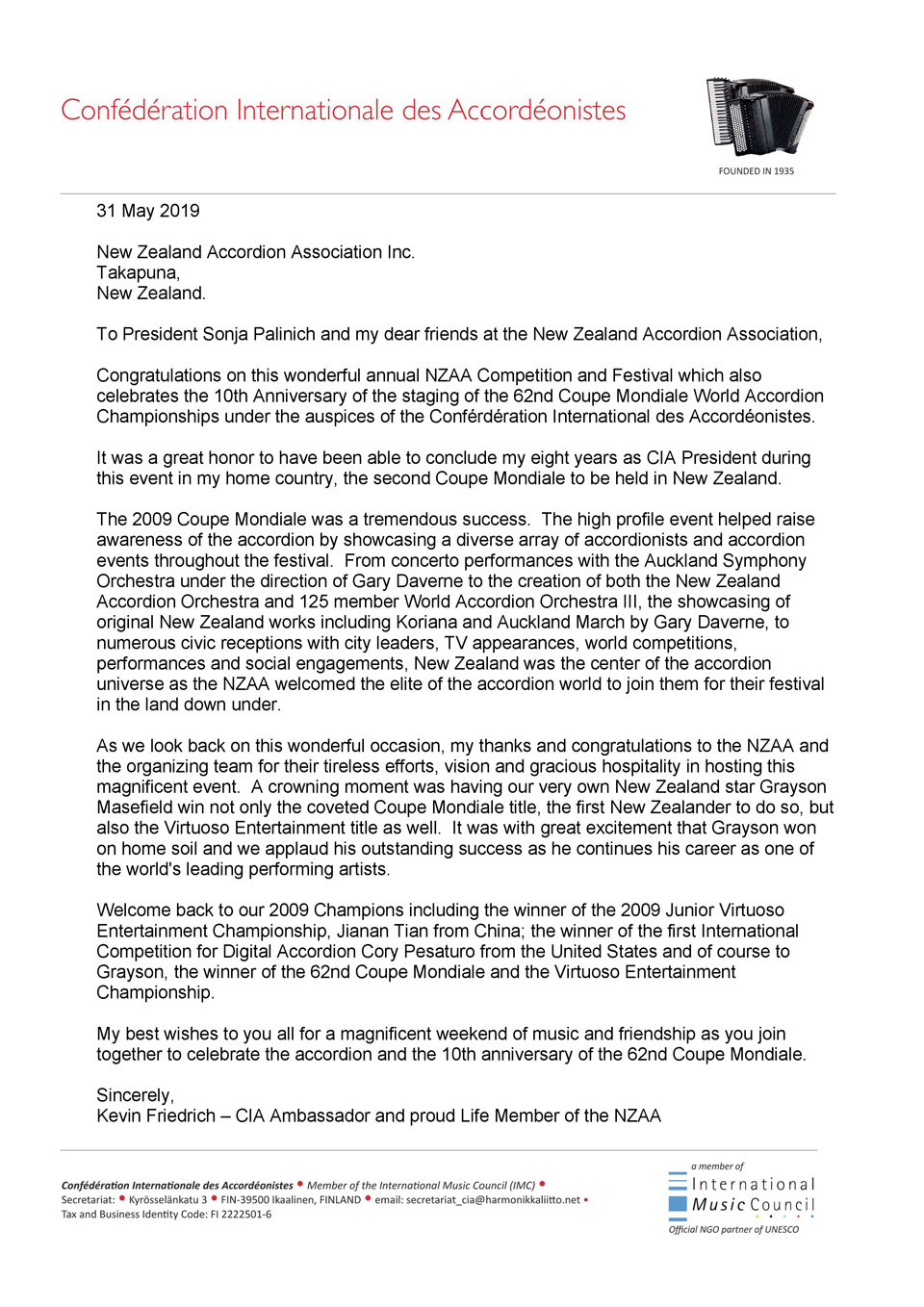 CIA Ambassador letter for 10th Anniversary