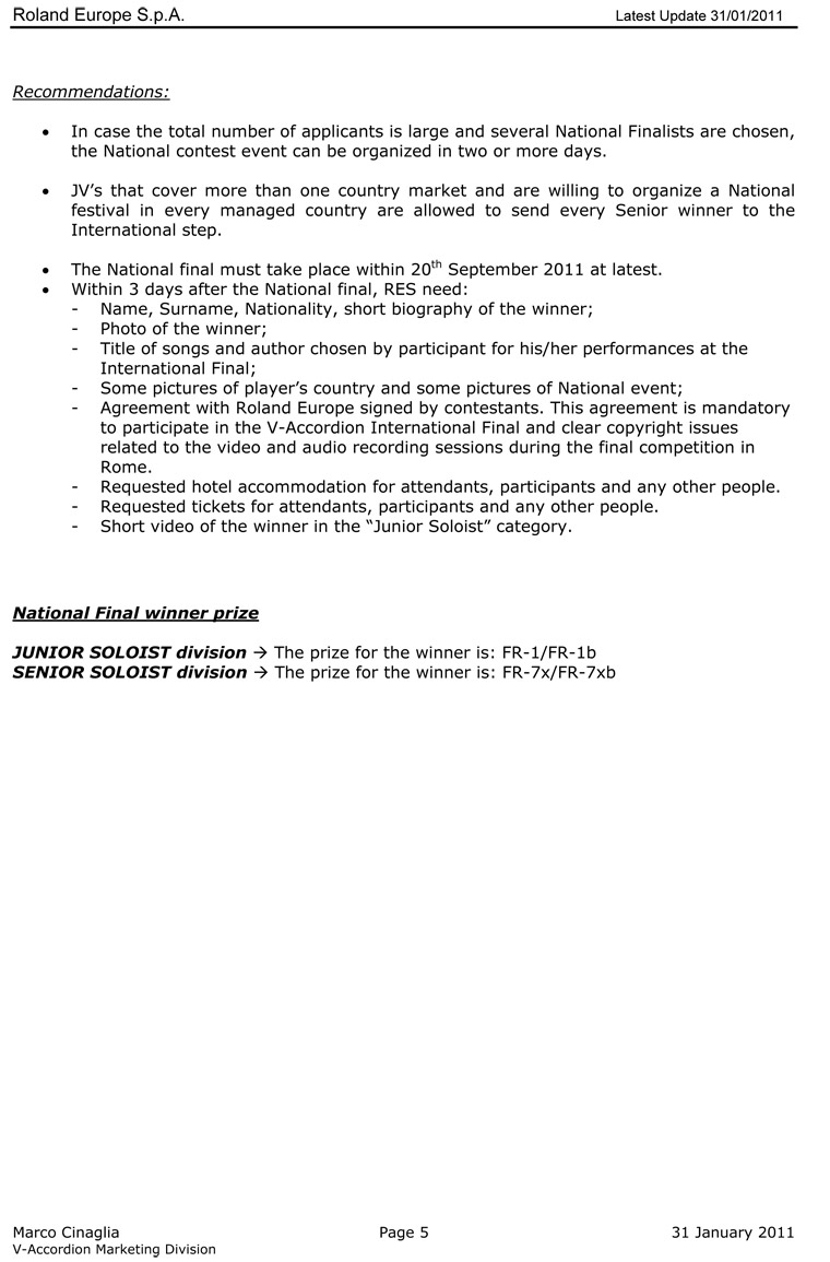 2011 Roland Festival National requirements